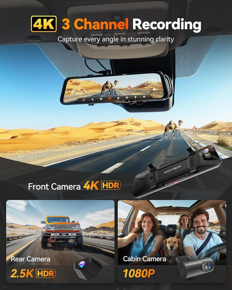 WOLFBOX G900 Tripro 3 Channel 4K Rear View Mirror Camera with Night Vision and 256GB Card - Image 2