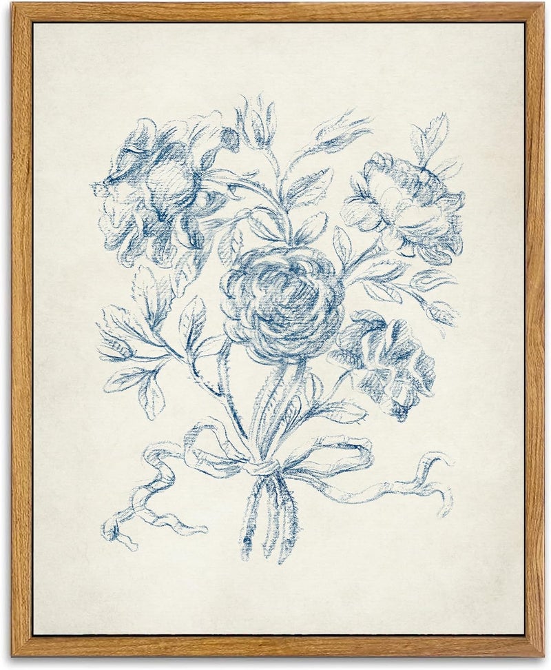 KBKBART Framed Floral Wall Art, Vintage Blue Rose Bouquet Sketch Canvas Oil Painting, Antique Victorian Wall Decor, Minimalist Bedroom Wall Art Aesthetic, Neutral Flower Art Prints for Bedroom Living - Image 1