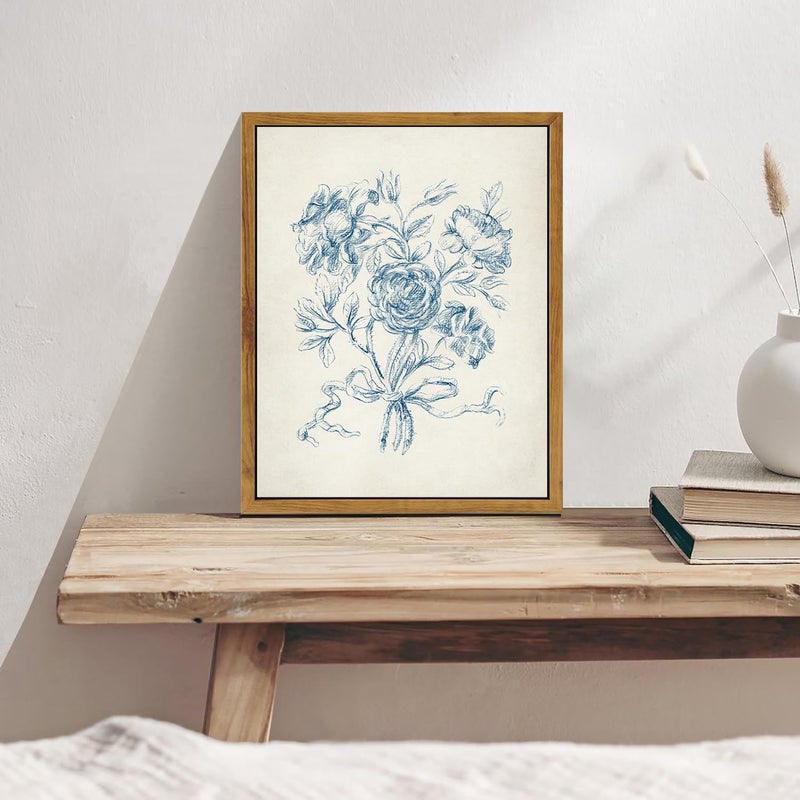 KBKBART Framed Floral Wall Art, Vintage Blue Rose Bouquet Sketch Canvas Oil Painting, Antique Victorian Wall Decor, Minimalist Bedroom Wall Art Aesthetic, Neutral Flower Art Prints for Bedroom Living - Image 4
