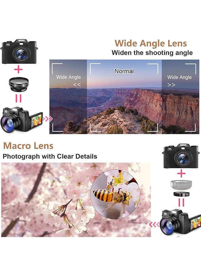 LENND - Digital Cameras for Photography, 4K 56MP Vlogging Camera with WiFi,16X Digital Zoom Autofocus Students Compact Camera with 52mm Wide-Angle Lens & Macro Lens, 32G Micro Card and 2 Batteries - Image 1