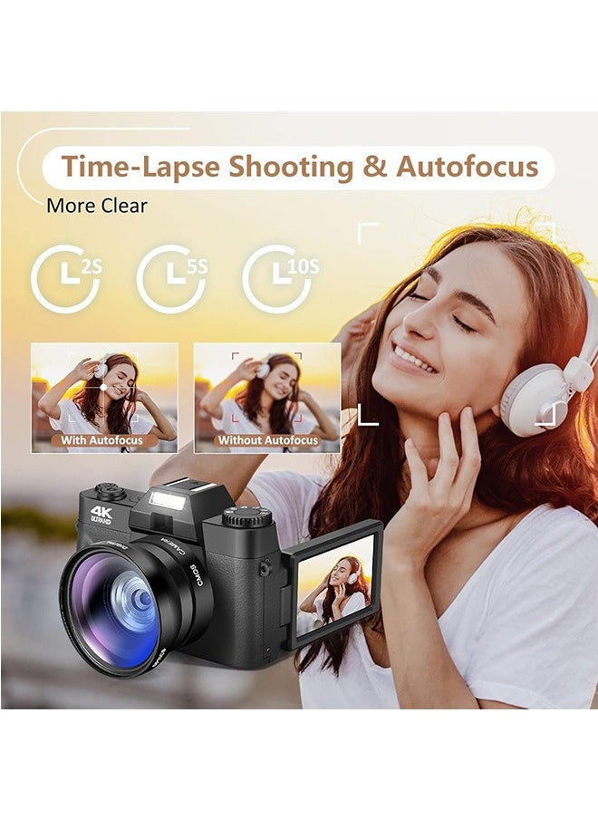 LENND - Digital Cameras for Photography, 4K 56MP Vlogging Camera with WiFi,16X Digital Zoom Autofocus Students Compact Camera with 52mm Wide-Angle Lens & Macro Lens, 32G Micro Card and 2 Batteries - Image 1