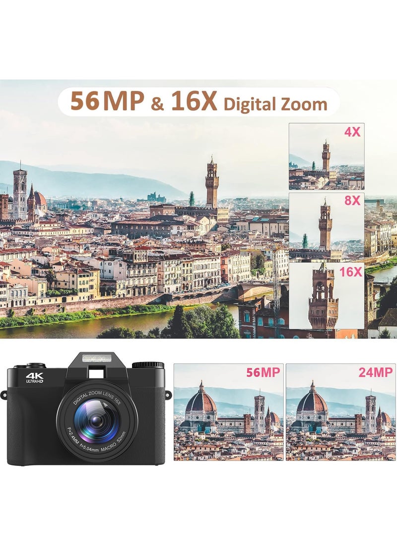 LENND - Digital Cameras for Photography, 4K 56MP Vlogging Camera with WiFi,16X Digital Zoom Autofocus Students Compact Camera with 52mm Wide-Angle Lens & Macro Lens, 32G Micro Card and 2 Batteries - Image 1