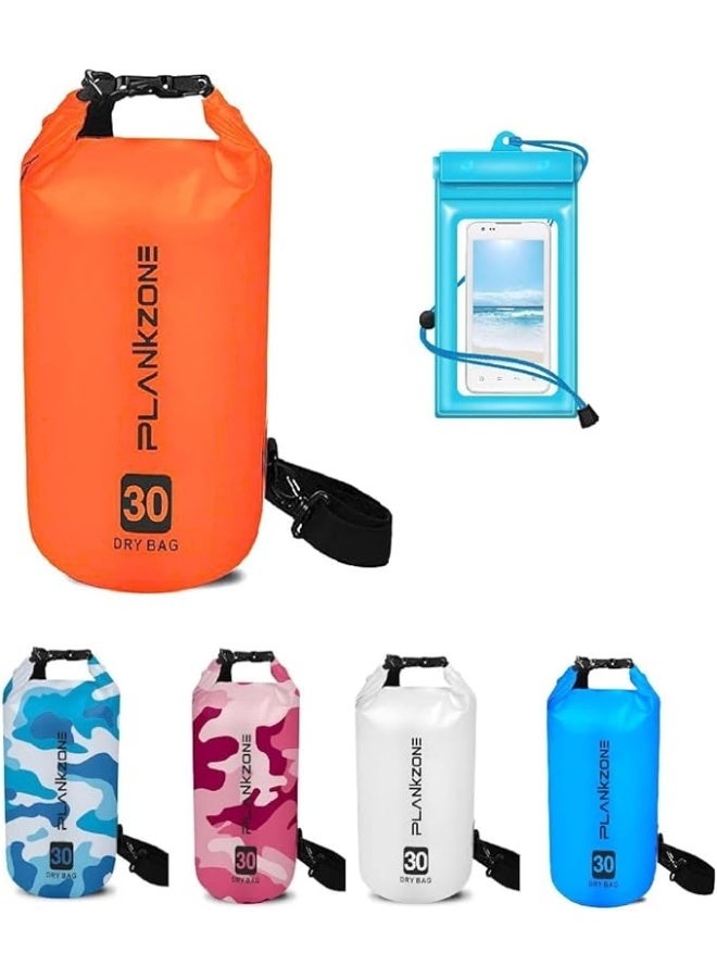 Plankzone Waterproof Dry Bag Roll Top Compression Sack, 30L, Orange, Lightweight Foldable for Kayaking, Beach, Rafting, Boating, Hiking, Camping, Fishing with Floating Waterproof Phone Pouch - Image 1