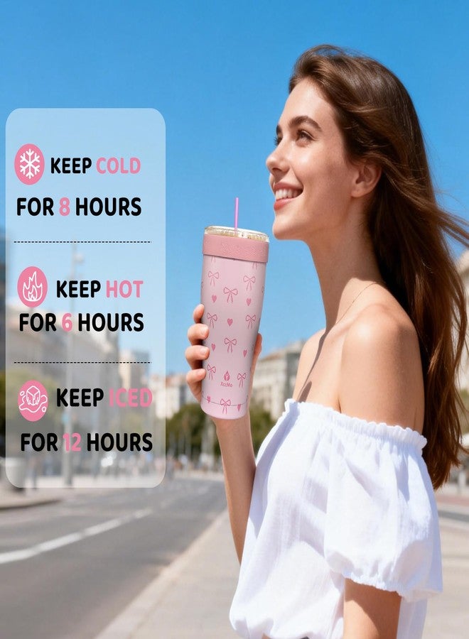 XccMe Universal Iced Coffee Sleeve,Double Wall Stainless Steel Insulator Fits 16-32oz Starbucks/Dunkin/McDonalds Cups,Pink Bow Reusable Iced Coffee Cup Holder,Leak-Proof Tumbler for Cold Drink - Image 5