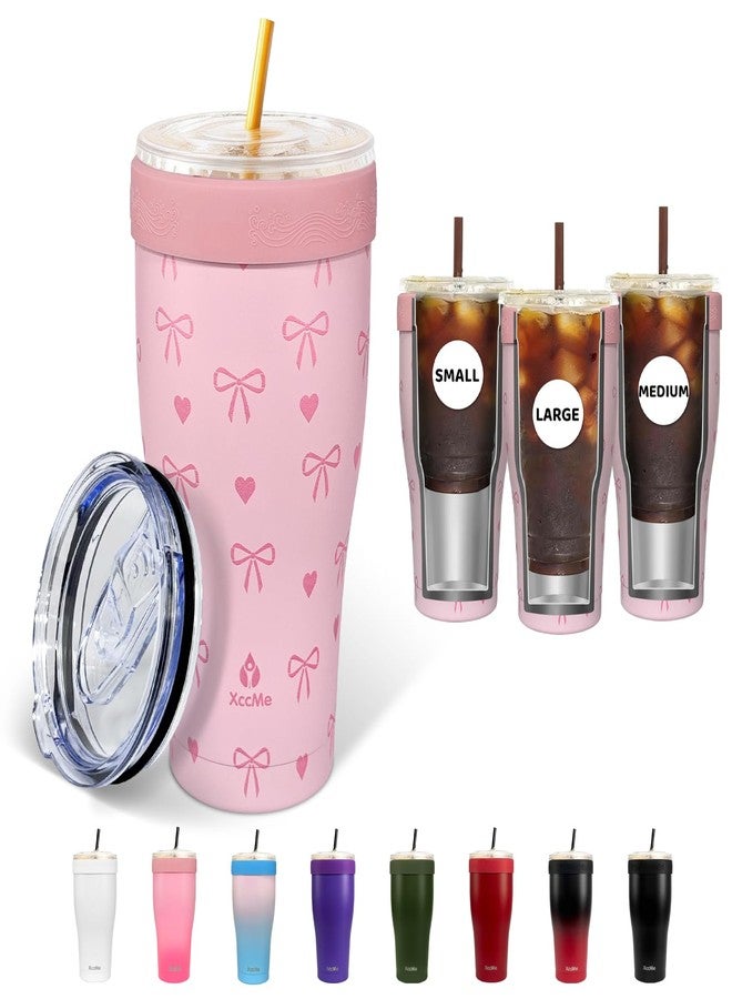 XccMe Universal Iced Coffee Sleeve,Double Wall Stainless Steel Insulator Fits 16-32oz Starbucks/Dunkin/McDonalds Cups,Pink Bow Reusable Iced Coffee Cup Holder,Leak-Proof Tumbler for Cold Drink - Image 1