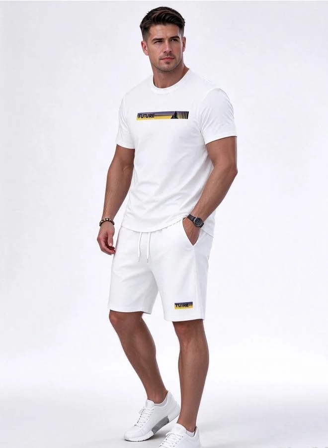 Take Two Active Men White Printed Activewear Set with Short Sleeve T-Shirt and Shorts