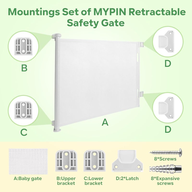 Mypin طقم قطع غيار بوابة الأطفال القابلة للسحب مع ملحقات تثبيت الحائط مع الأقواس والمثبتات والبراغي باللون الأبيض - Image 3