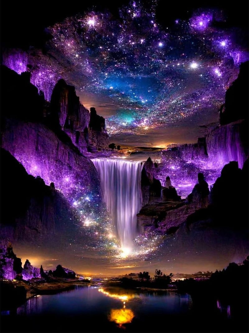 MBNTJHT Waterfall Landscape Diamond Art Kits for Adults,DIY Purple Aurora Diamond Painting Kits for Beginners,5D Full Round Drill Gem Art Painting Crafts for Home Wall Decor 12x16 Inch. - Image 1