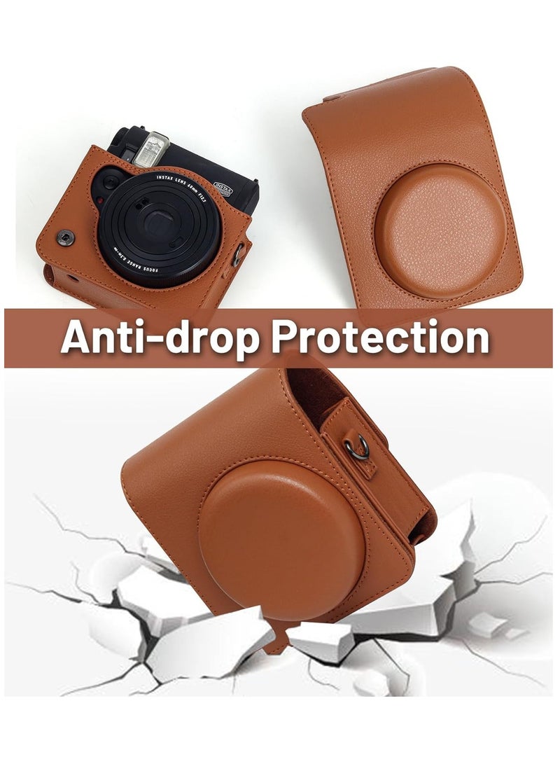 Camera Bag for Fuji Instax Mini 99 Instant Camera with Adjustable Shoulder Strap, Photo Frame, and Cartoon Stickers (Brown)  - Image 4