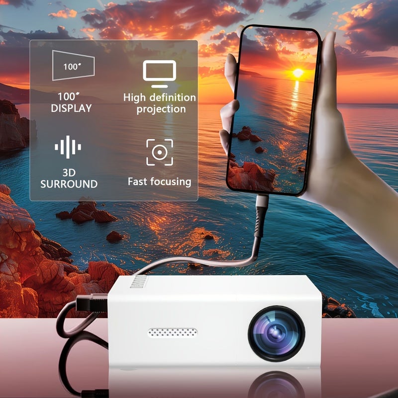 جهاز عرض محمول صغير باللون الأبيض، يعمل بتقنية LED الصغيرة، دقة عرض أصلية 240P يدعم 1080P، تصميم مدمج، يعمل عبر USB، مناسب للسينما المنزلية والأفلام الخارجية والألعاب على الجدران. - Image 1