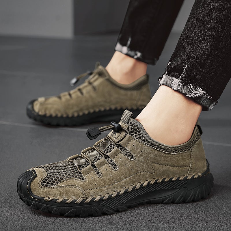 2024 Summer Handmade Stitch Casual Shoes Breathable Thick-Soled Non-Slip Mesh Shoes Retro All-Match Lightweight Men'S Shoes Round Toe - Image 2