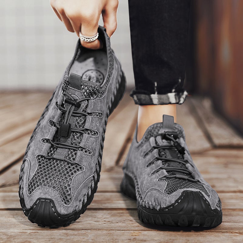 2024 Summer Handmade Stitch Casual Shoes Breathable Thick-Soled Non-Slip Mesh Shoes Retro All-Match Lightweight Men'S Shoes Round Toe - Image 4