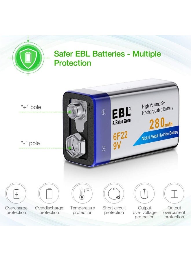 EBL EBL 9V Rechargeable Batteries NiMH Everyday 280mAh 9V Battery for Smoke Alarm Detector, 4-Packs  - Image 2