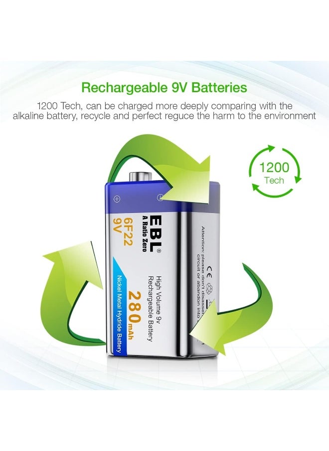 EBL EBL 9V Rechargeable Batteries NiMH Everyday 280mAh 9V Battery for Smoke Alarm Detector, 4-Packs  - Image 3