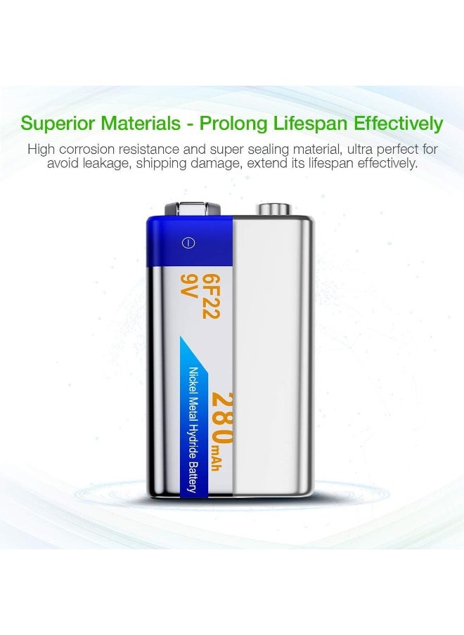 EBL EBL 9V Rechargeable Batteries NiMH Everyday 280mAh 9V Battery for Smoke Alarm Detector, 4-Packs  - Image 5