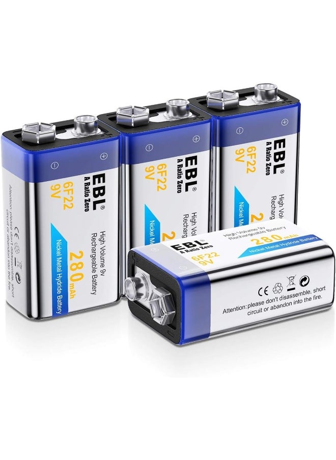 EBL EBL 9V Rechargeable Batteries NiMH Everyday 280mAh 9V Battery for Smoke Alarm Detector, 4-Packs  - Image 1