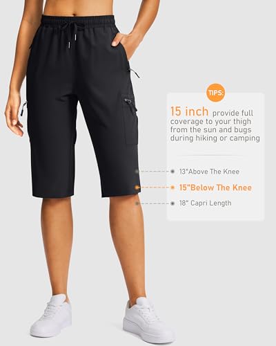 SANTINY 15" Long Shorts for Women Hiking Cargo Bermuda Shorts with 5 Zipper Pockets Lightweight Quick Dry Knee Length Capris (Black_L) - Image 3