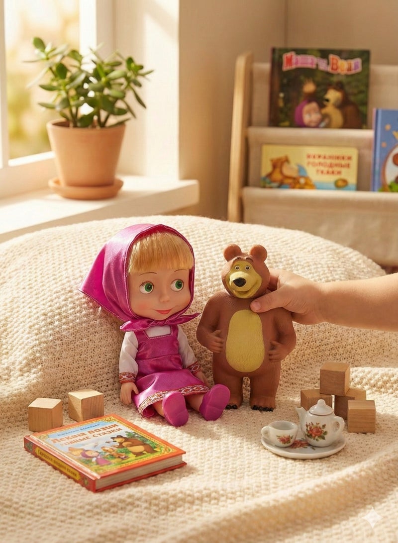 Bear Musical Toy Sasa and Bear Set for Girls – Singing Doll with Pink Headscarf & Cozy Outfit | Cute Masha Style Cartoon Character with Brown Bear Figure | Interactive Storytelling Playset | Birthday Gift for Toddlers 3+ - Image 4
