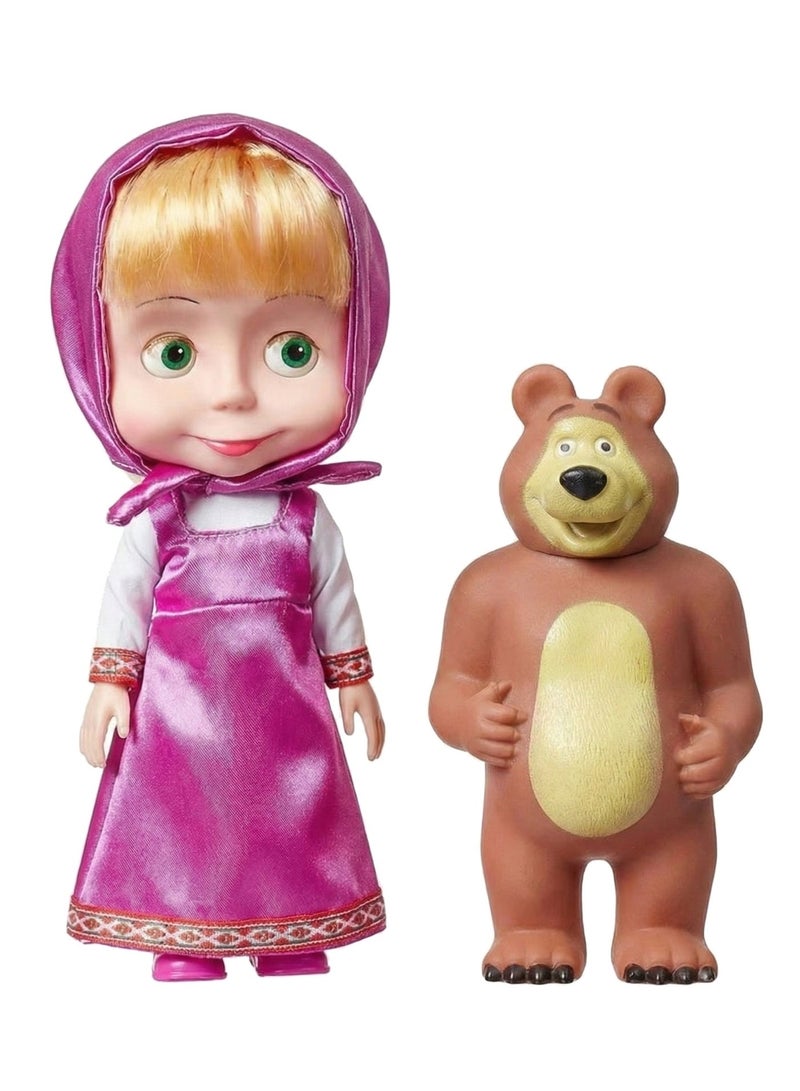 Bear Musical Toy Sasa and Bear Set for Girls – Singing Doll with Pink Headscarf & Cozy Outfit | Cute Masha Style Cartoon Character with Brown Bear Figure | Interactive Storytelling Playset | Birthday Gift for Toddlers 3+ - Image 2