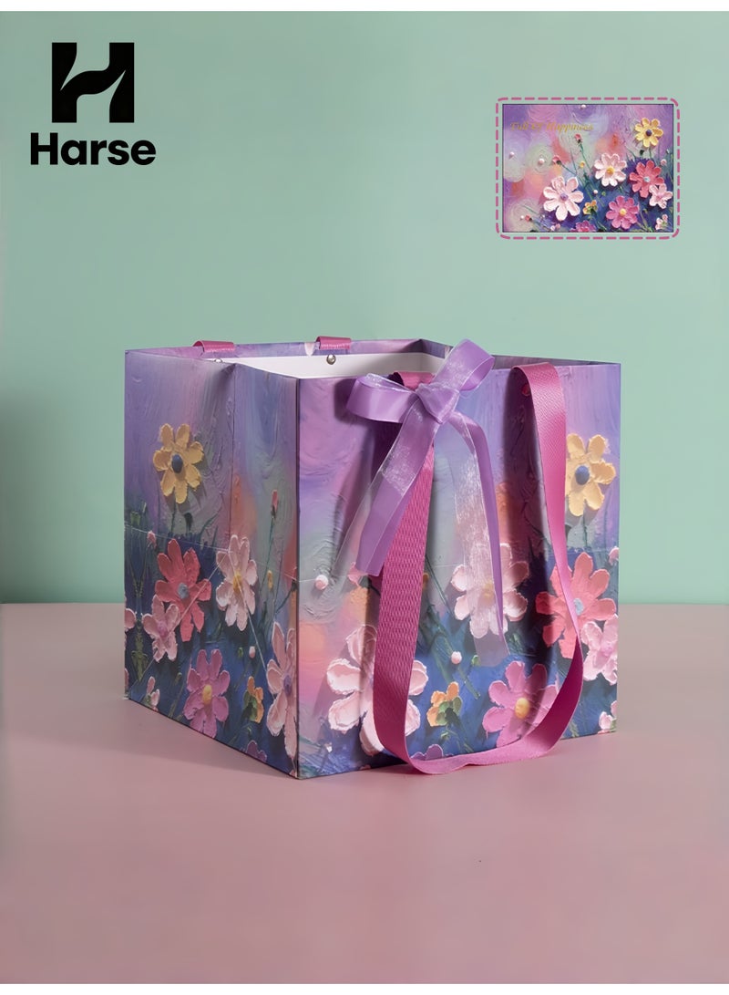 Harse Big Floral Gift Bag with Matching Greeting Card, Large Square Gift Bag with Handles, Paper Bag for Flowers, Wedding, Birthday, Bridal Shower, Engagement and Party Gifts - Image 1