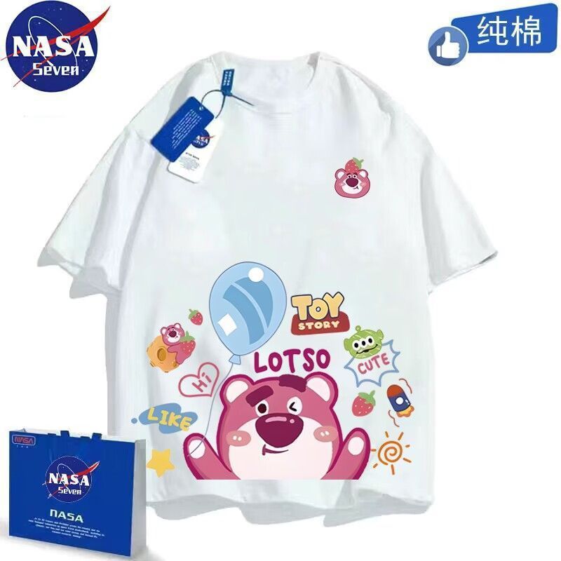 Nasa Joint Strawberry Bear Short-Sleeved T-Shirt For Boys And Girls Pure Cotton Cartoon Big Children'S Baby Top - Image 3