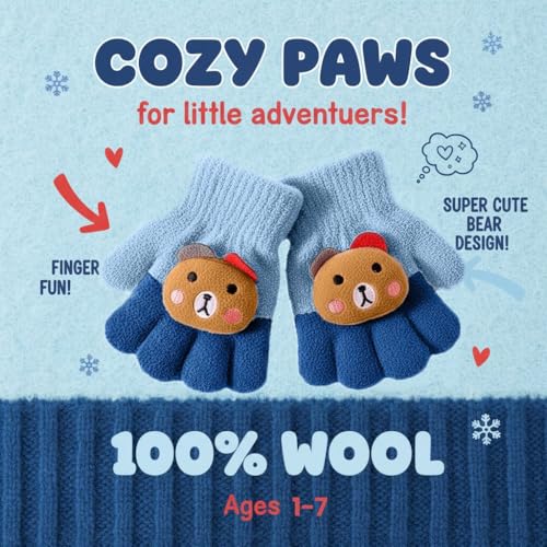 SOLDTRUE Baby Winter Gloves for 1-6 Years | Cute Teddy Bear Design Full Finger Knitted Hand Gloves | Warm, Windproof, Flexible, Gift for Kids (Light Blue) - Image 2