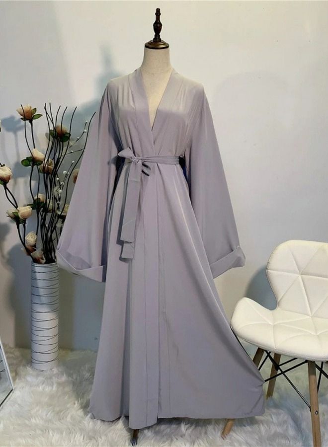 Loquat Women's Casual Full Length Lace-up Cardigan Dress Women's Solid Color Long Sleeves Abaya muslim Grey 