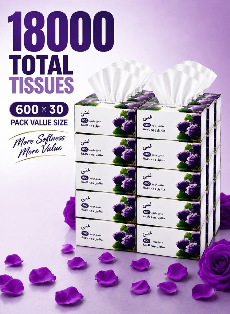 Ghena Soft Disposable Paper Tissues 600 x 30 Pack - 18000 Pcs, Flushable, Skin Friendly, Highly Absorbent - Image 1