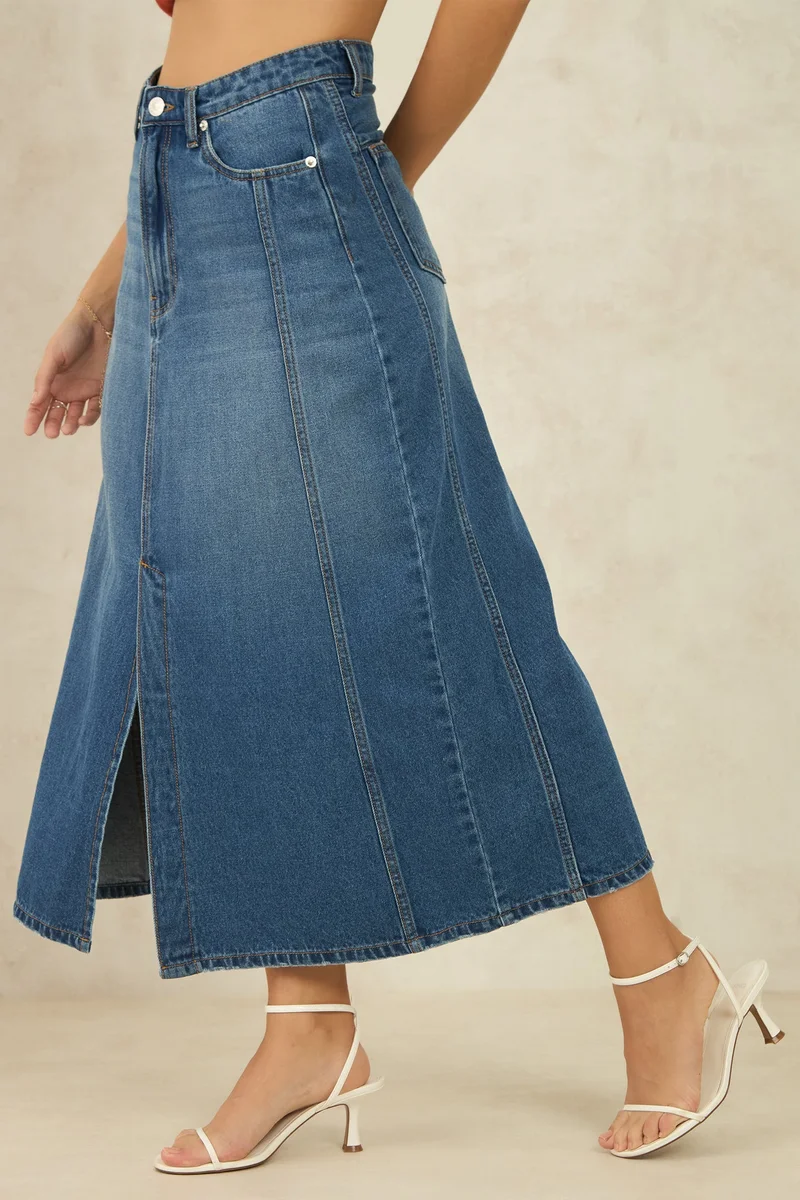 فيرجيو Solid Cotton Denim Panelled Midi Slit Skirt for Women