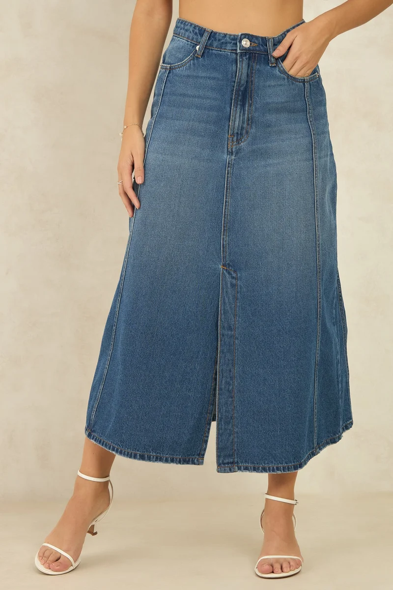 Virgio  Solid Cotton Denim Panelled Midi Slit Skirt for Women for Women | Best Price UAE