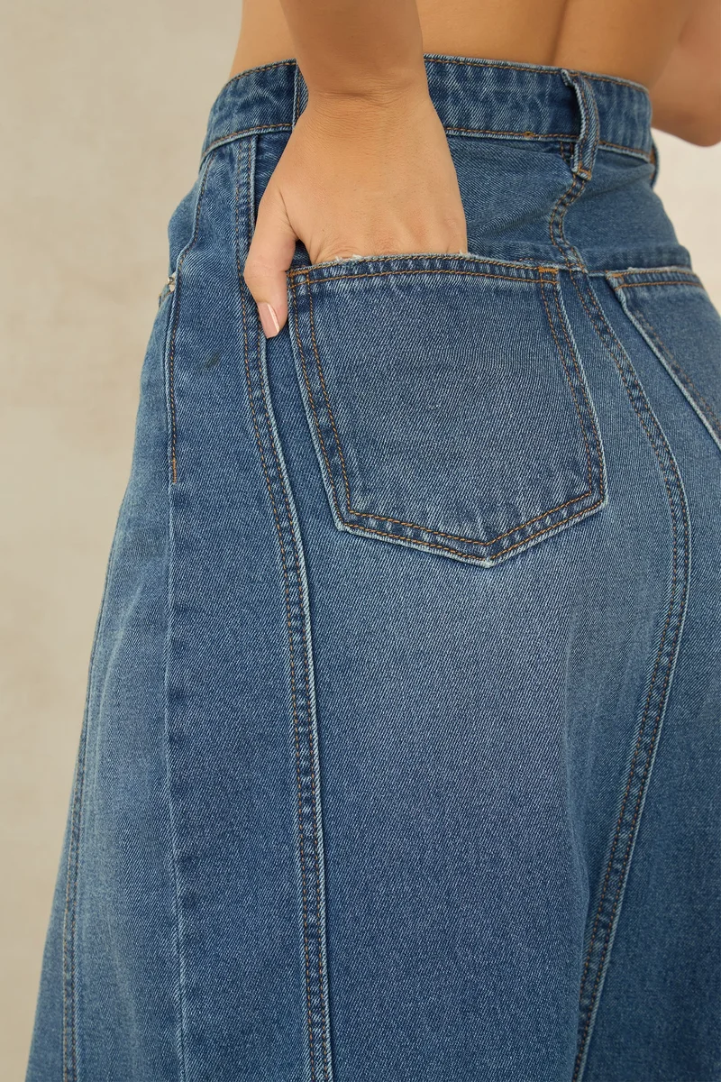 Virgio  Solid Cotton Denim Panelled Midi Slit Skirt for Women for Women | Best Price UAE