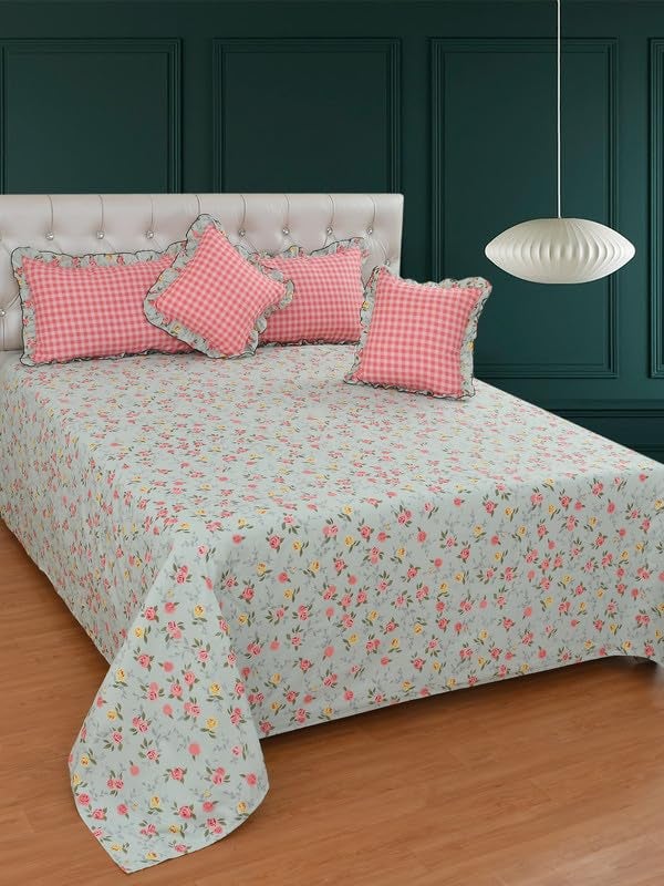 BREVARD Glace Cotton 210 TC 5 Pcs Bedding Set | Double Bed Queen Size Bedsheet with 2 Frill Pillow Covers with 2 Filled Cushions with Frill - 90x100 Inches (Multicolor) - Image 2