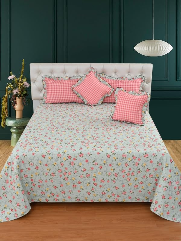 BREVARD Glace Cotton 210 TC 5 Pcs Bedding Set | Double Bed Queen Size Bedsheet with 2 Frill Pillow Covers with 2 Filled Cushions with Frill - 90x100 Inches (Multicolor) - Image 1