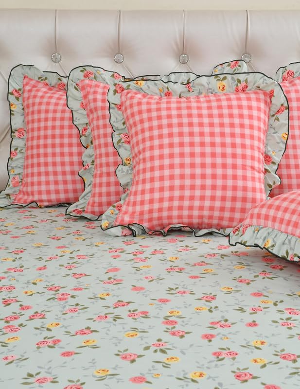 BREVARD Glace Cotton 210 TC 5 Pcs Bedding Set | Double Bed Queen Size Bedsheet with 2 Frill Pillow Covers with 2 Filled Cushions with Frill - 90x100 Inches (Multicolor) - Image 3