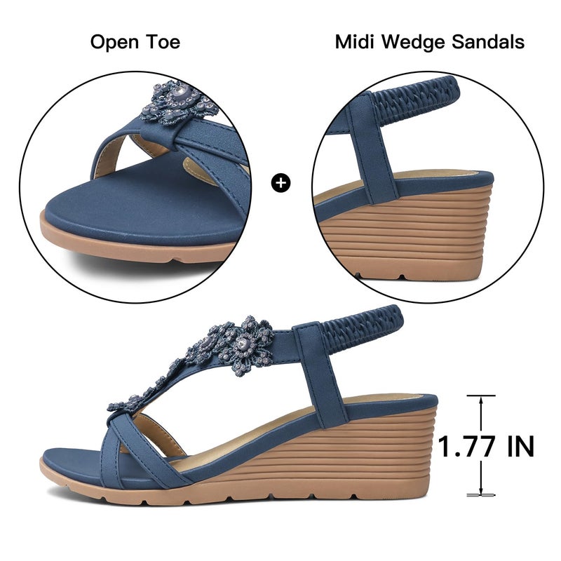 TEMOFON Women's Low Wedge Heels Summer Dressy Platform Sandals Elastic Ankle Strap Open Toe Flower Shoes Blue Size 8 - Image 5