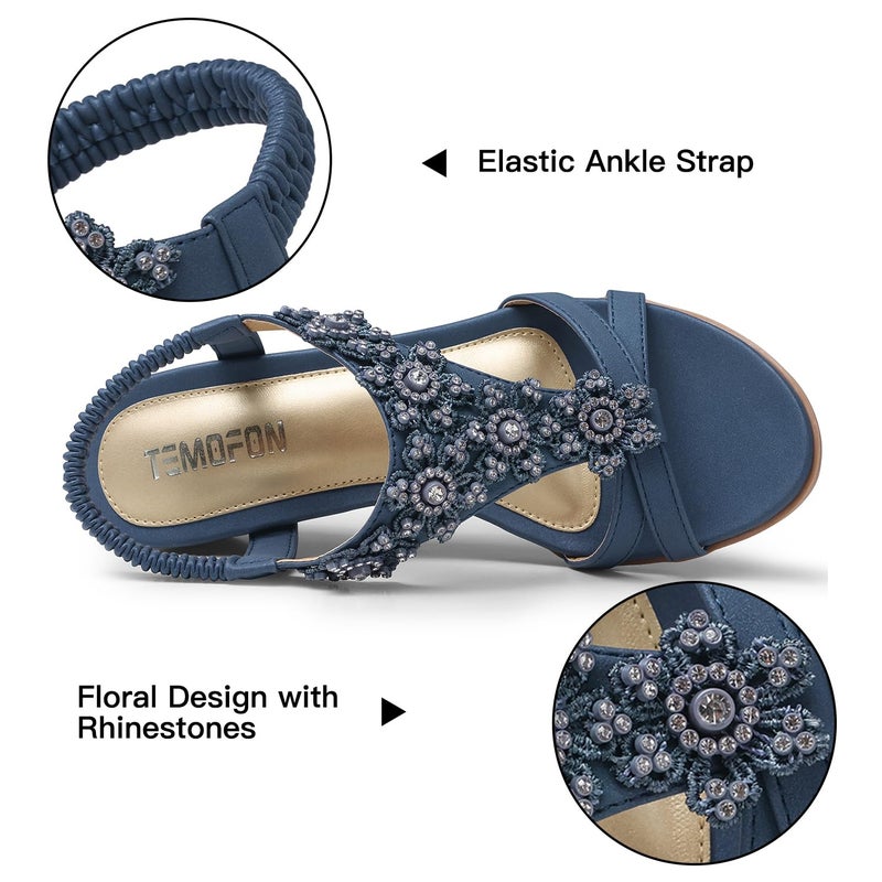 TEMOFON Women's Low Wedge Heels Summer Dressy Platform Sandals Elastic Ankle Strap Open Toe Flower Shoes Blue Size 8 - Image 4