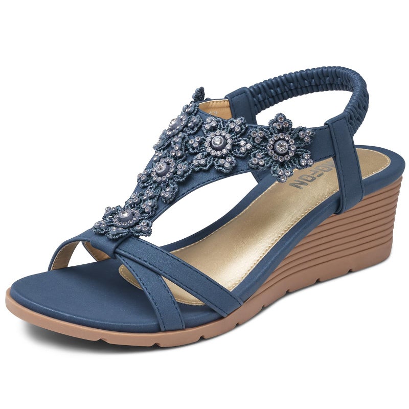 TEMOFON Women's Low Wedge Heels Summer Dressy Platform Sandals Elastic Ankle Strap Open Toe Flower Shoes Blue Size 8 - Image 1
