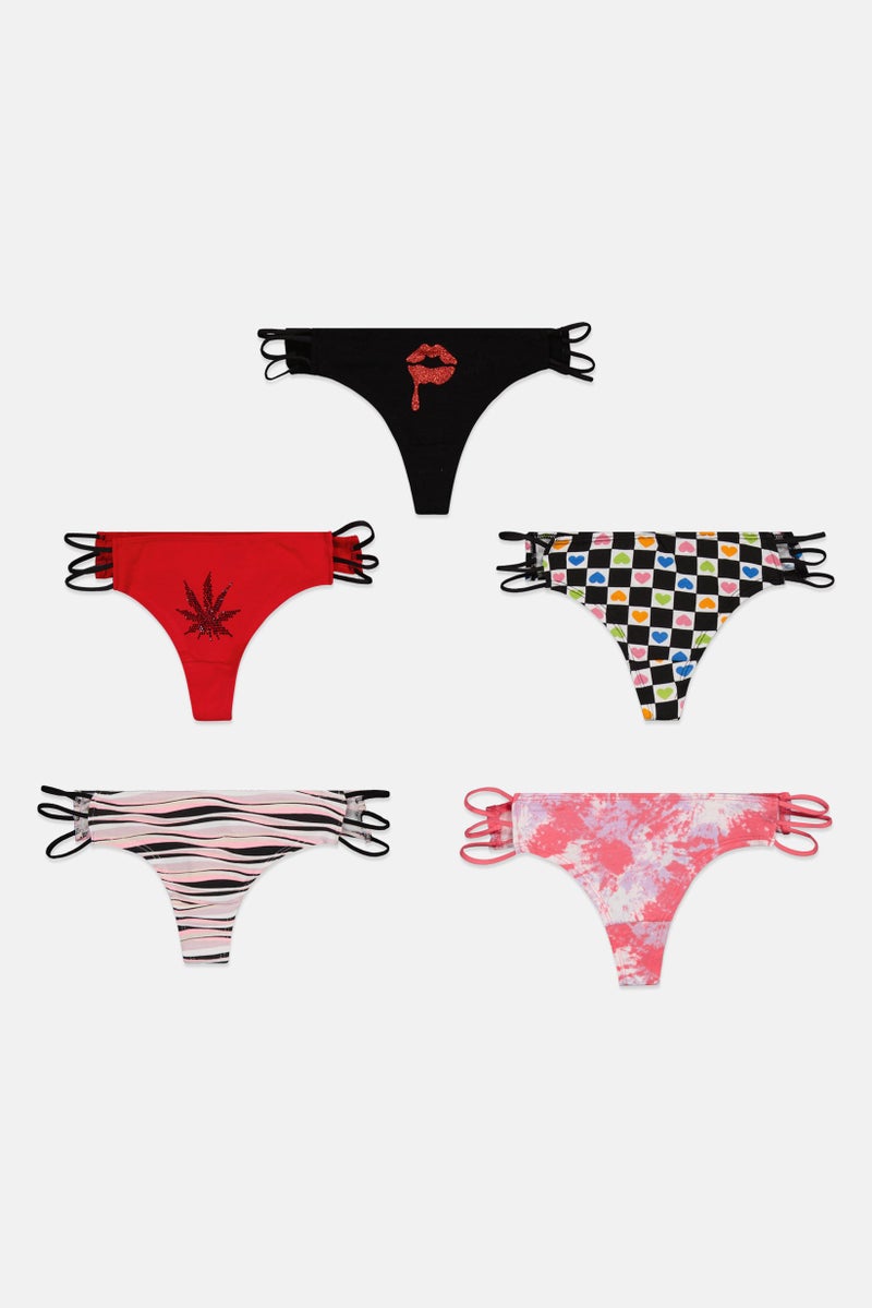 Always A Flirt Women 5 Pieces Allover Thong Panties, Black Combo  - Image 1