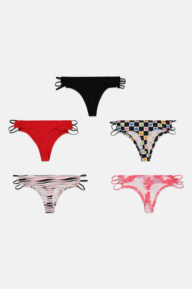 Always A Flirt Women 5 Pieces Allover Thong Panties, Black Combo  - Image 2