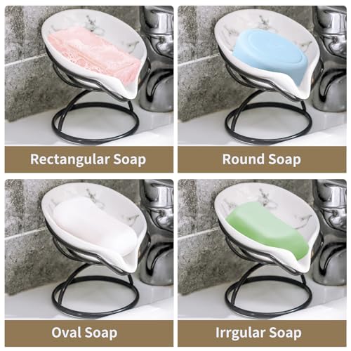 Dobbyby Leaf-Shaped Soap Dish – Premium Ceramic Soap Bar Holder with Self-Drainage System – Bar Soap Holder for Shower, Bathroom Sink, Kitchen – Waterfall Soap Dish with Stainless Steel Stand (Black) - Image 4