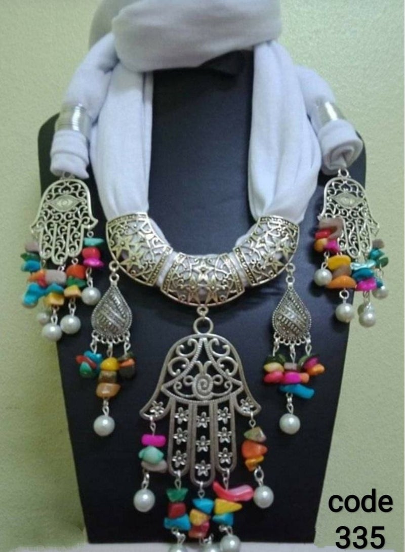 R&R Lycra cotton scarf necklace with multiple pendants and copper wire