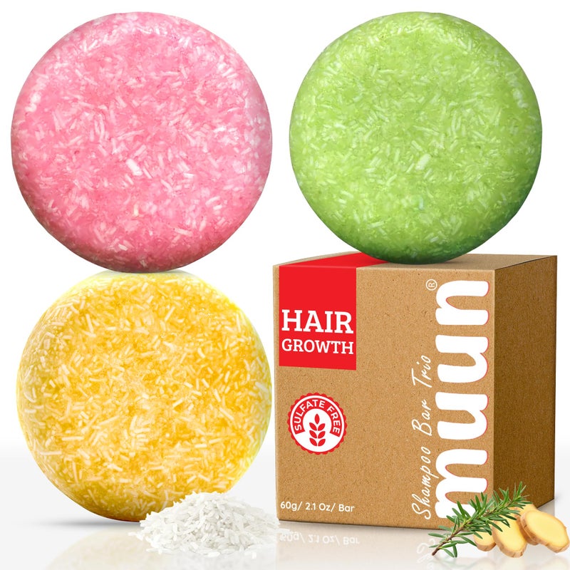 Muun Ginger Rosemary & Rice Water Shampoo Bar Pack 3 - Hair Growth, Thickening, Strengthening, Anti Hair Loss, Volumize & pH Balanced - Sulfate & Silicone Free For All Hair Type - Image 1