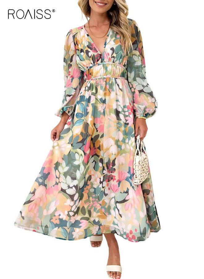 رويس فستان نسائي بوهيمي للربيع والخريف برقبة على شكل حرف V، تنورة متوسطة الطول بأكمام طويلة وخصر مرتفع مطبوعة، فستان تنورة بأكمام فانوس كبير الحجم للنساء لحفلات الزفاف - Image 1