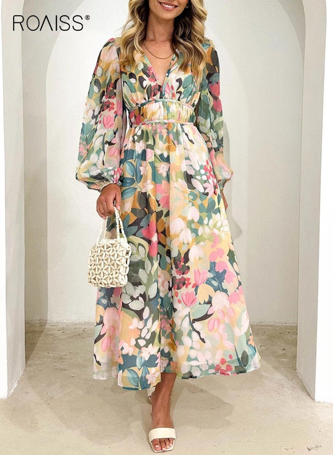 رويس فستان نسائي بوهيمي للربيع والخريف برقبة على شكل حرف V، تنورة متوسطة الطول بأكمام طويلة وخصر مرتفع مطبوعة، فستان تنورة بأكمام فانوس كبير الحجم للنساء لحفلات الزفاف - Image 5