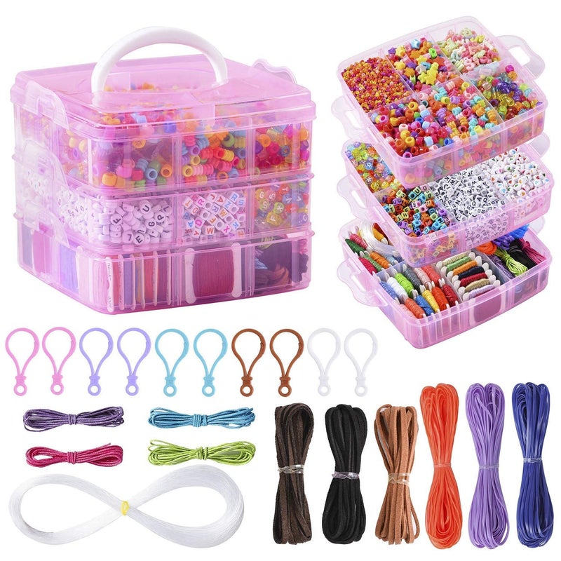 Peirich Bracelets Making Bead Kits Includes 44 Colors Embroidery Floss with 3Tier Organizer Storage Box Over 4900 Beads for Friendship Bracelets Jewelry Making Christmas Birthday Gift Pink