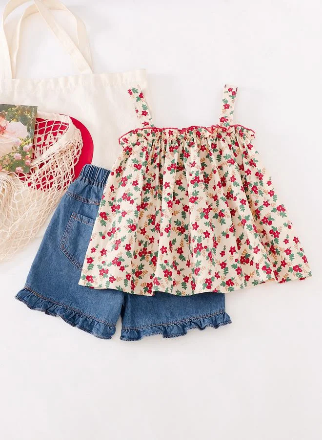 Take Two Girls Floral Top and Denim Shorts Set