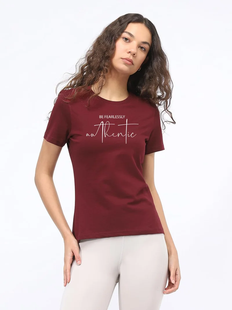 NOBERO Maroon Graphic Print T-Shirt for Women