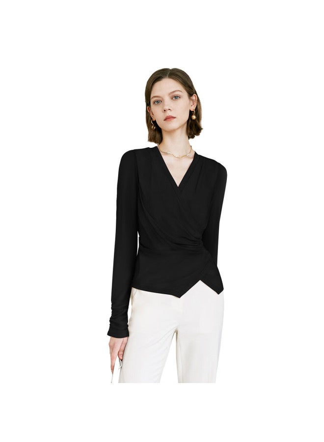 Yanyee Black Slim Fit Shirt Women Autumn Versatile V-neck Long Sleeve Waist-cinching Blouse Purple M/38 - Image 4