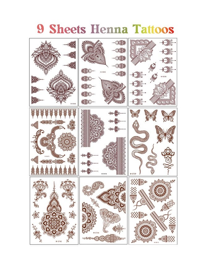 Generic 9 Sheets Red Brown Temporary Tattoo Stickers, Waterproof Body Art Long Lasting Stickers for Women Festivals Wedding Masquerade Party Decorations Design  - Image 1