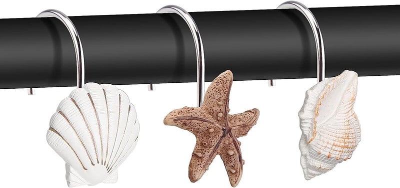 AGPtek Seashell Shower Curtain Hooks, 12PCS Anti Rust Decorative Resin Hooks for Bathroom, Baby Room, Bedroom, Living Room Decor (Yellow Seashell) - Image 1